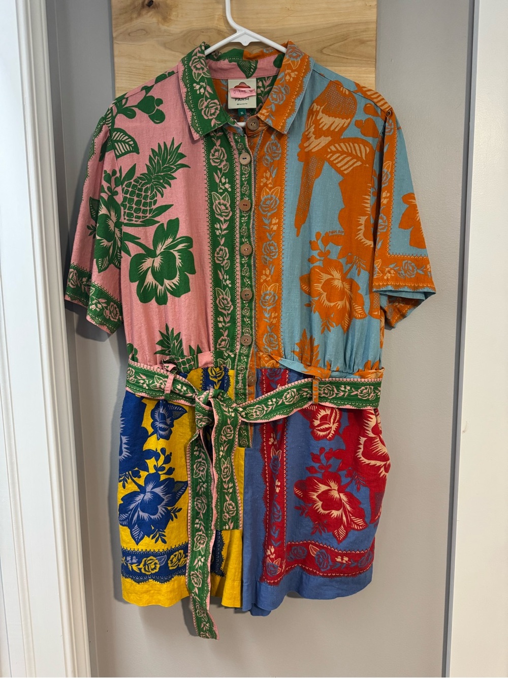 FARM Rio Multicolor Floral & Tropical Patchwork Button-down Romper, EUC